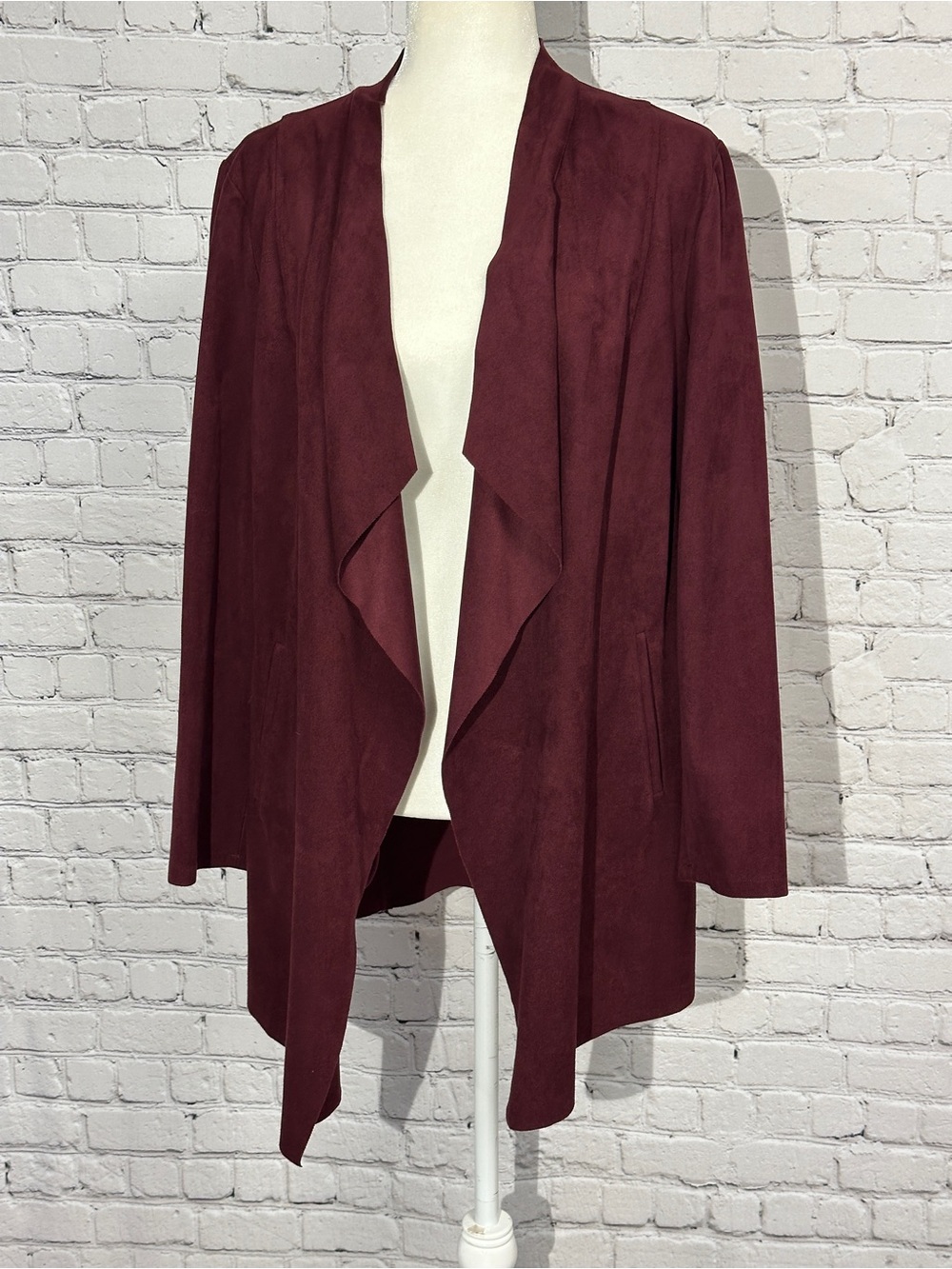 Chico's Open-Front Burgundy Suede Waterfall Cardigan Jacket